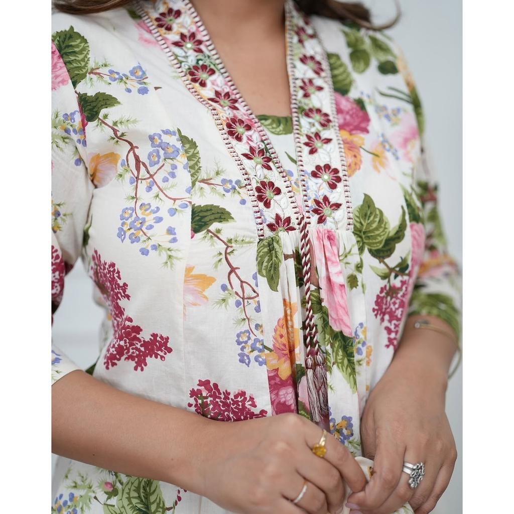 Pure Cotton Aline Kurti Salwar Kameez Women Designer Kurta Pant Dupatta Set