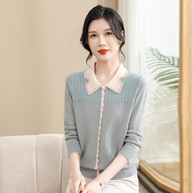 

Chic Lapel Knit Sweater Blouse Set for Middle-Aged & Elderly Women: Spring & Autumn Fashion 2XL (135-150 jin) синий