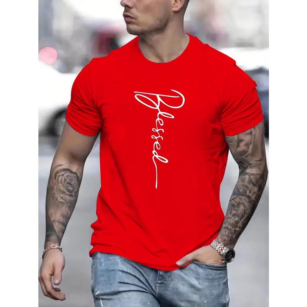 Men's summer loose fit oversized Blessed printed slim fit casual sports round neck short sleeved T-shirt top