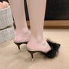 2025 Sexy Faux Fur Slippers Ladies' Slim High Heels Sandals Europe America Woman Summer Fur Pumps Slides Peep Toe Dress Shoes