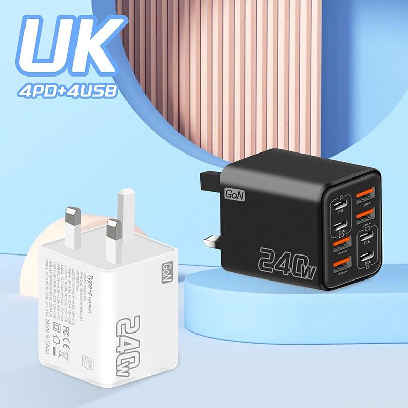 240W Gan Usb C Charger 8 In 1 Fast Charging Phone Charger Power Adapter For Eu/Us/Uk Plug Wall Charger