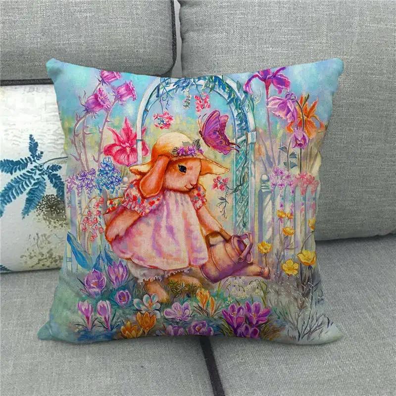 Happy Home Pillowcase Funny Rabbit Easter Egg Print Cushion Cover Pastoral Cartoon Hare Pattern