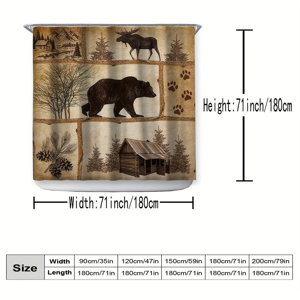 1Pc Shower Curtain - Rustic Wilderness Scene With Bears, Moose, And Cabin Design Waterproof