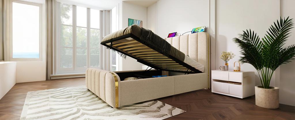 Upholstered Single Bed, Headboard with Golden Stripes and USB Type-C Charging 90*200 cm, Beige Linen Hydraulic Storage Bed (Without Mattress)