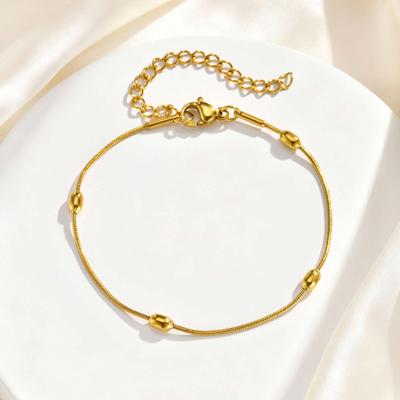 Chic Simple Gold Plated Rice Beads Round Snake Chain Stainless Steel Bracelet for Women Fashion Party Daily Jewelry Gift