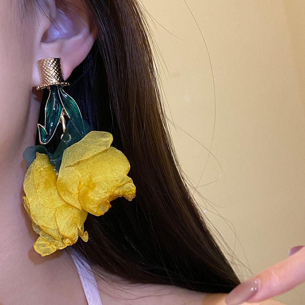 Exaggerated Long Flower Earrings Yellow / Rose Red Dangle Earrings Ear Studs  Garden