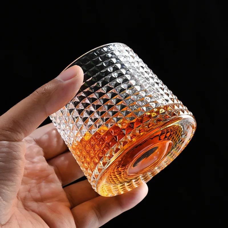 200ML Rotatable Whiskey Glass Cup Old Fashioned Wine Glass with Wooden Base Scotland Bar Party Whiskey Wine Glassware Tool