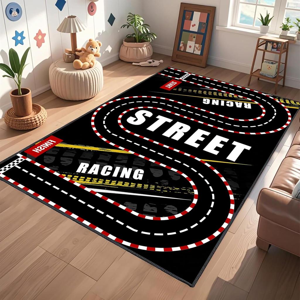 Racing Track Area Rug Street Speed Theme Floor Mat Creative Game Room Decor Non-Slip Carpet for Boys Playroom Nursery Decor