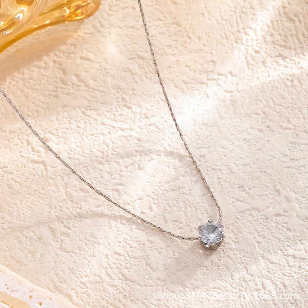 Minimalist Solitaire Zircon Charm Necklace Anti Tarnish Stainless Steel Chain Round Clear Cz Stone Necklace