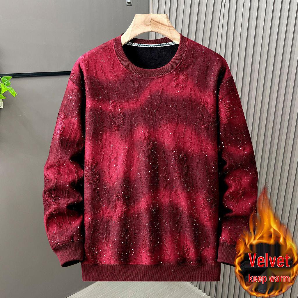 Men's 2026 Winter Rhinestone Ripped Hoodie - Trendy, Versatile, Long Sleeve, Plus Velvet