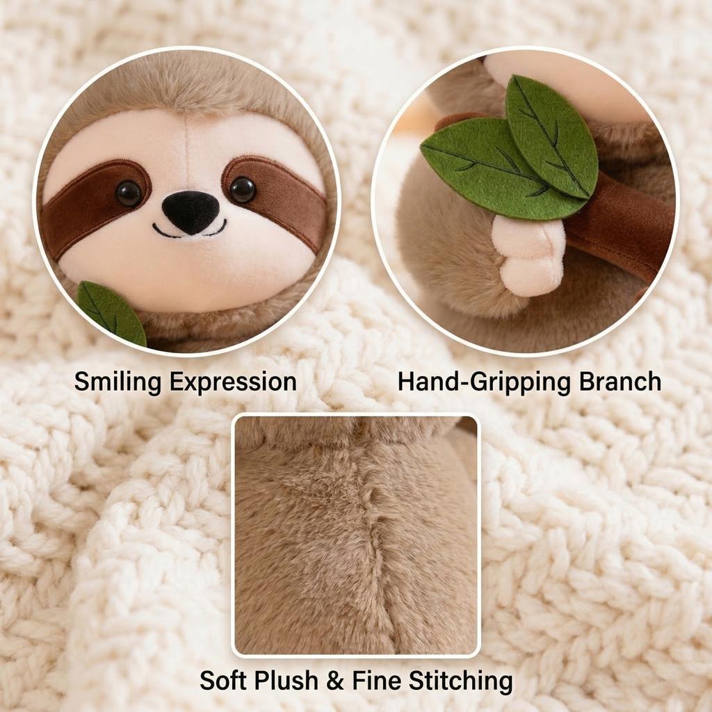 Plush Sloth Stuffed Animal Soft Toy Holding Branch with Leaves Cute Animal Figure for Kids and Collectors Gift