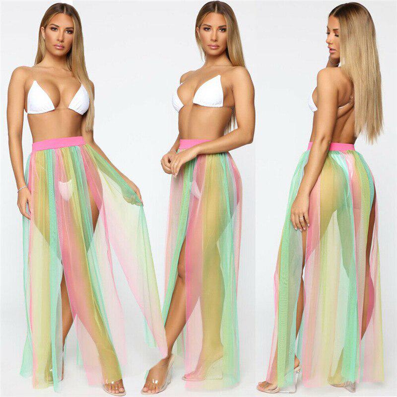 Women Swimwear Bikini Cover Ups Mesh Sheer See Through Beachwear High Waist Long Maxi Skirt