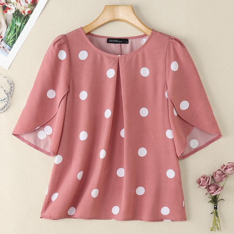 ZANZEA Γυναικείο Καθημερινό Καλοκαιρινό Μπλουζάκι με Στρογγυλή Λαιμόκοψη, Κοντό Μανίκι και Πουά