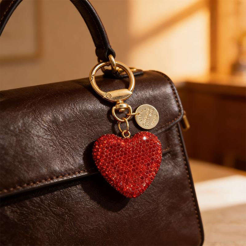 Bling Bling Pink Heart Crystal Rhinestone Soft Clay Keychain for Women, Cute Fashion Bag Charm & Key Ring Pendant for Purse Keys