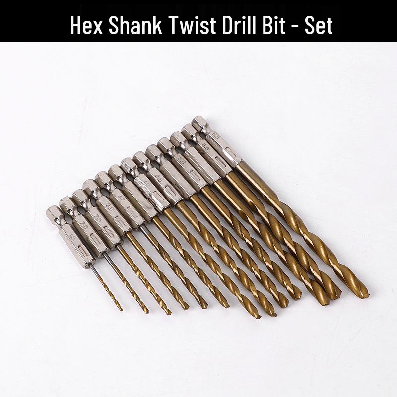 13-Piece Titanium Coated Hex Shank Twist Drill Bit Set (1.5-6.5mm) - High-Speed Steel for Woodworking