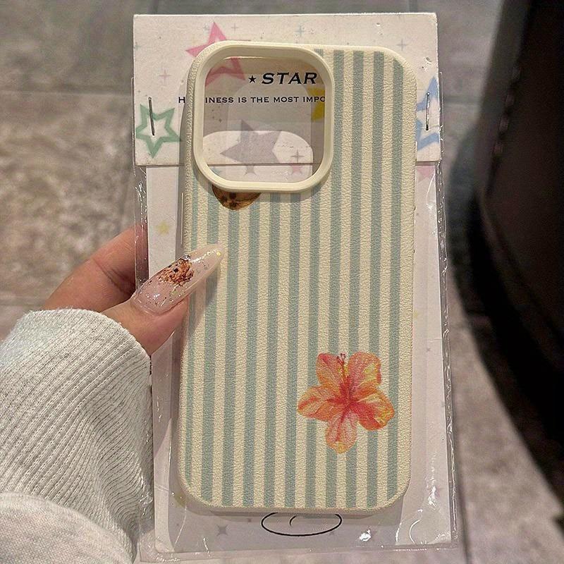 A Striped Floral Print Lychee-Textured Phone Case, Suitable for iPhone 17, 16, 15, Plus, Pro, Max Series Phones—Can Be Used as a Gift