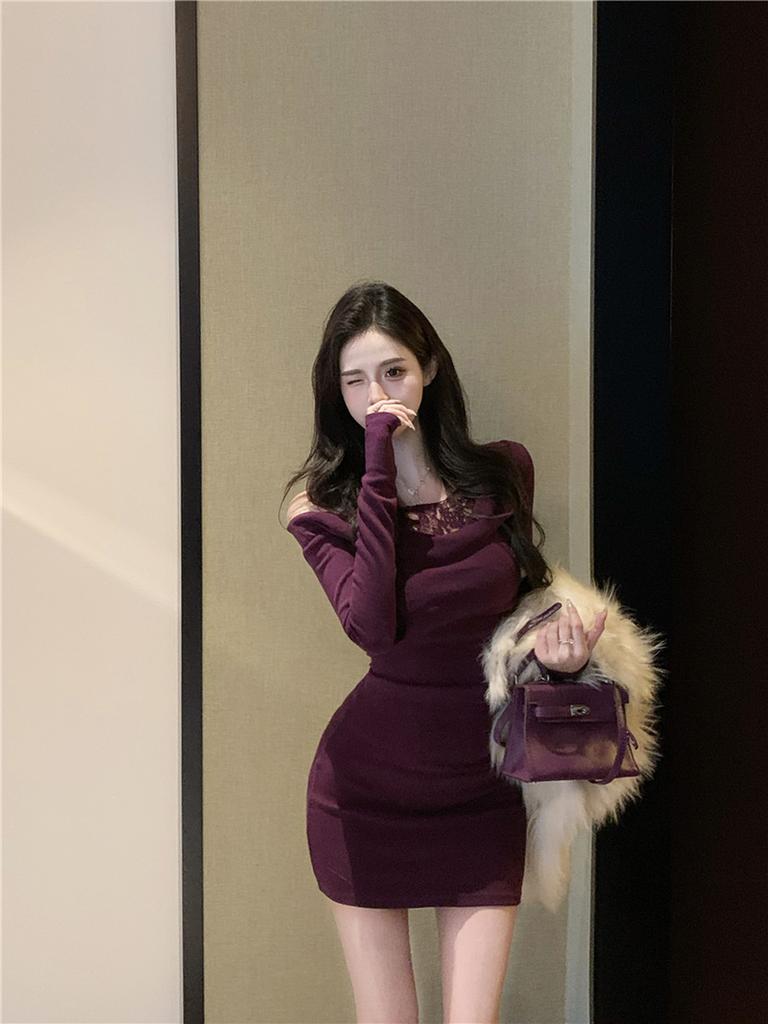 Lace Patchwork Off-Shoulder Long Sleeve Dress for Women Slim Fit Pure Temptation Bodycon Mini Skirt Purple Waist Cinched Tight Dress