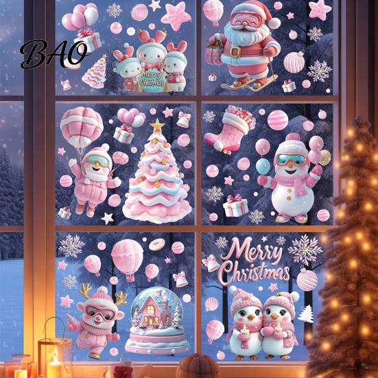 Office Holiday Wall Stickers 9Pcs Pink Christmas Static Window Clings, Santa Snowman Bunny Penguin Glass Creative Collage Decals, Reusable Xmas