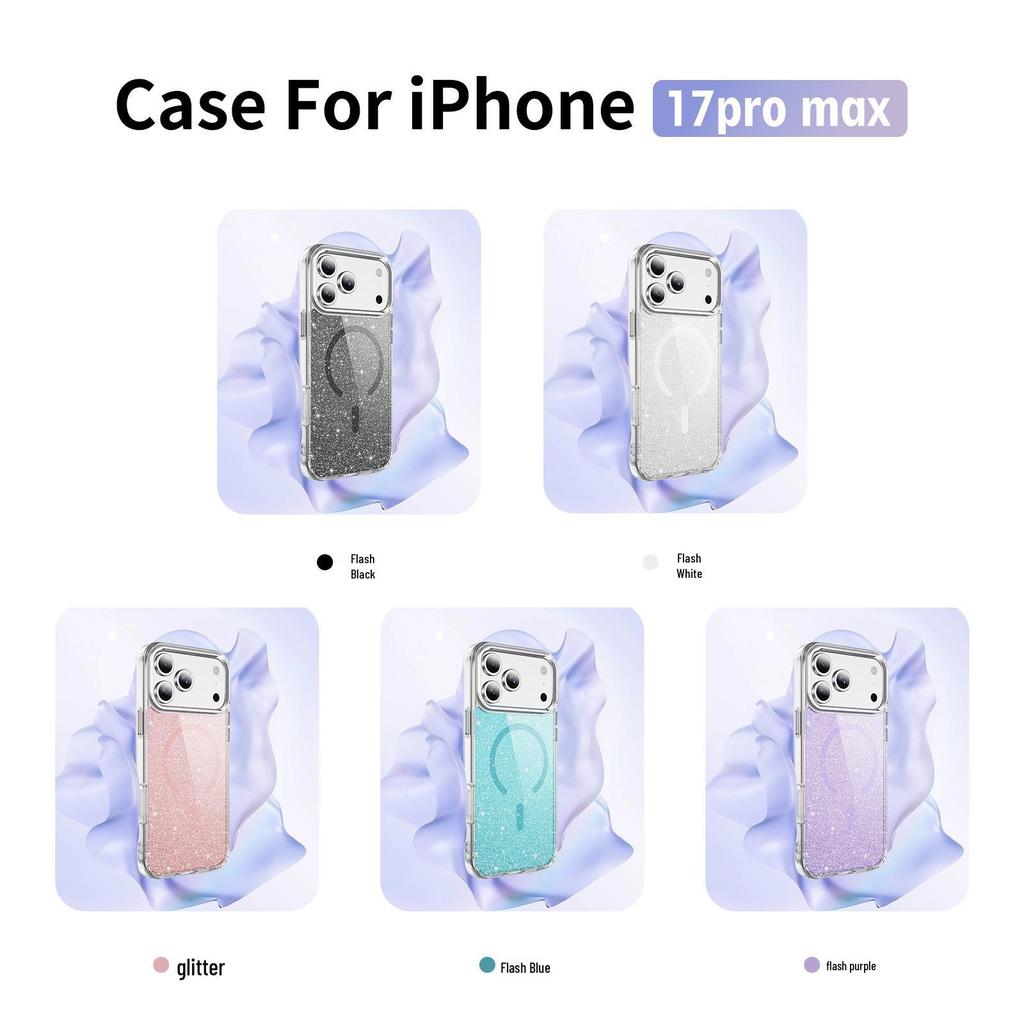 Custodia protettiva magnetica glitterata per iPhone 17 Pro Max con pulsanti in lega di alluminio