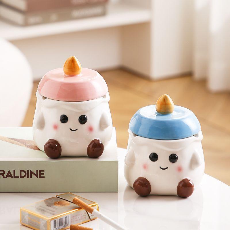 Modern Cute Elf Ceramic Ashtray with Lid Living Room Storage Ornaments Portable Home Car Ashtray Countertop Ornaments Decoration