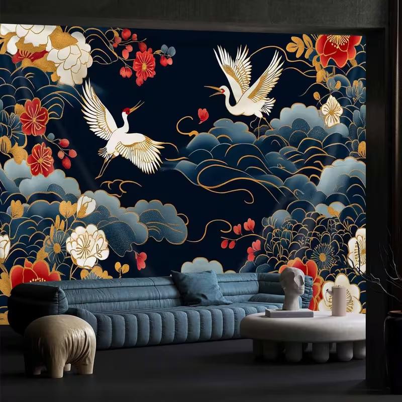2D Traditional Chinese Crane Tapestry Backdrop for Wall Hanging