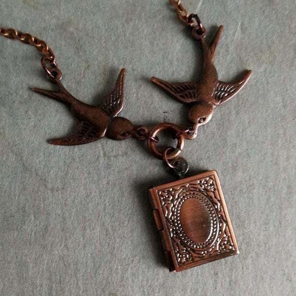 

Vintage Square Locket Swallow Pendant Necklace