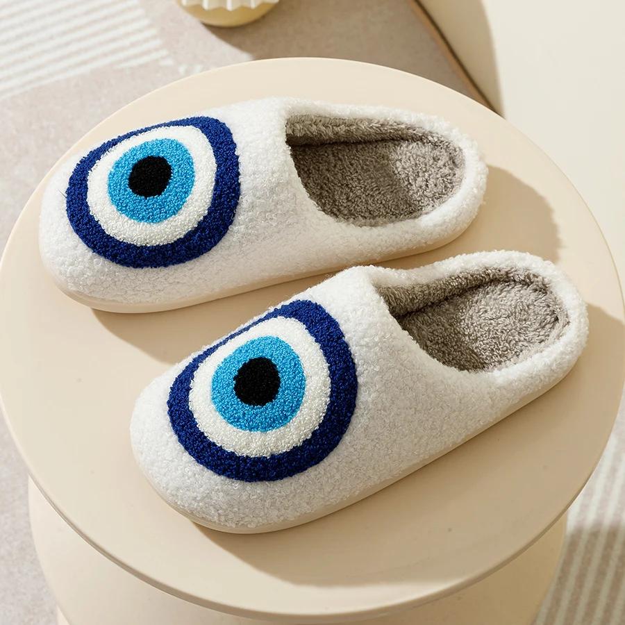 Fashion Evil Eyes Blue Embroidery Slippers High Quality Women Men Slippers Fashion Pattern Shoes Warm Home Devil's Eyes Houseshoes