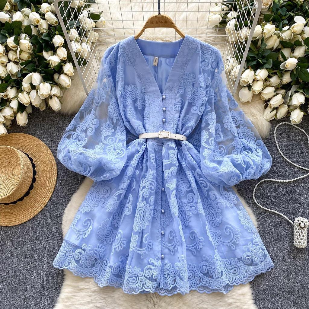 Robe élégante à col en V et manches lanternes pour femme, jupe trapèze cintrée à la taille, brodée et à simple boutonnage