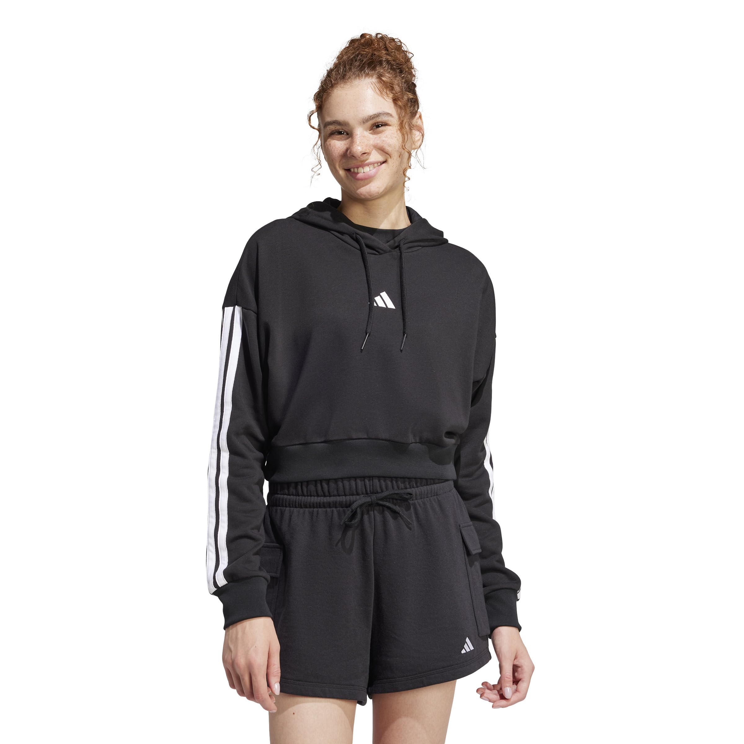 

Adidas Essentials 3-Stripes French Terry Crop Hoodie, KVC41, Women s, Black/White (JE0017), Size J/M