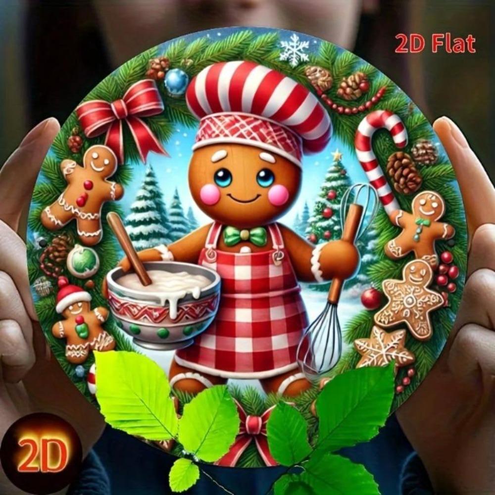 Tin Metal Christmas Gingerbread Girl Cookie Wreath Decoration 8x8 Inch Flat Wall Art