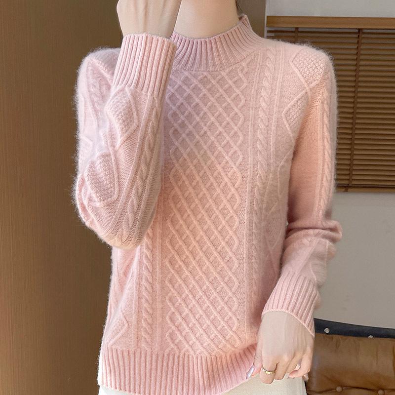

Argyle Cashmere Cable Knit Sweater - Women s Slim Fit Half High Neck Pullover for Autumn/Winter S рожевий