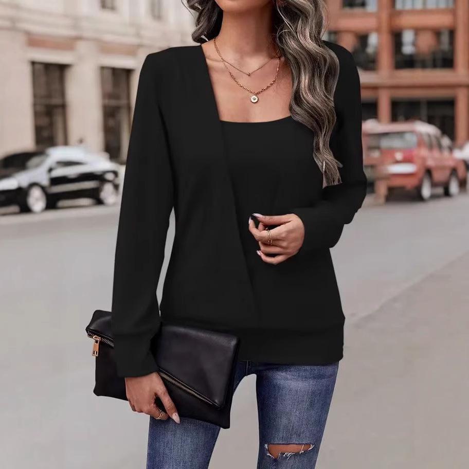 2024 Solid Color Square Neck Two-Piece Look Long Sleeve Casual Women's Autumn/Winter Wear