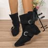 Fashion Buckle Belt Decor Thick Heels Ankle Boots Women Autumn Winter Pointed Toe Riding Boots Woman Slip On Faux Suede Booties