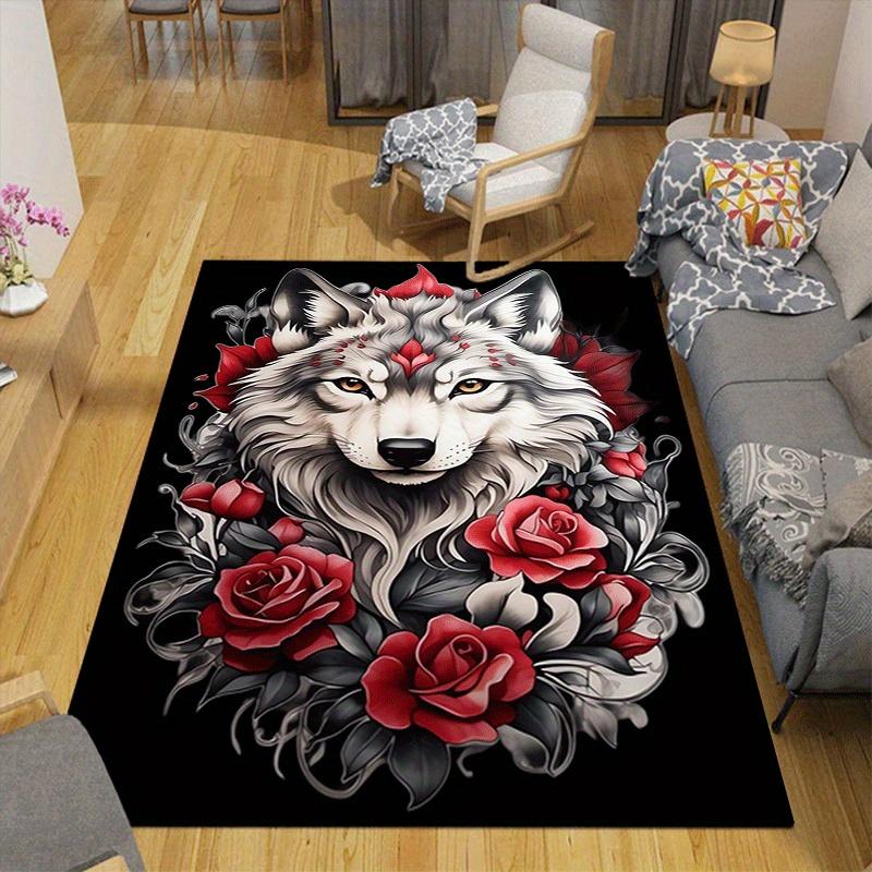 1pc White Wolf and Red Rose Print Design Area Rug - Soft, Anti-Slip, and Durable Gaming Room Decor for Bedroom
