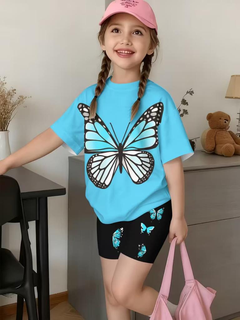 Whimsical 3D Butterfly Print 2 Piece Kids Summer Casual Set Lightweight Short Sleeve Shorts For Unisex Boys Girls