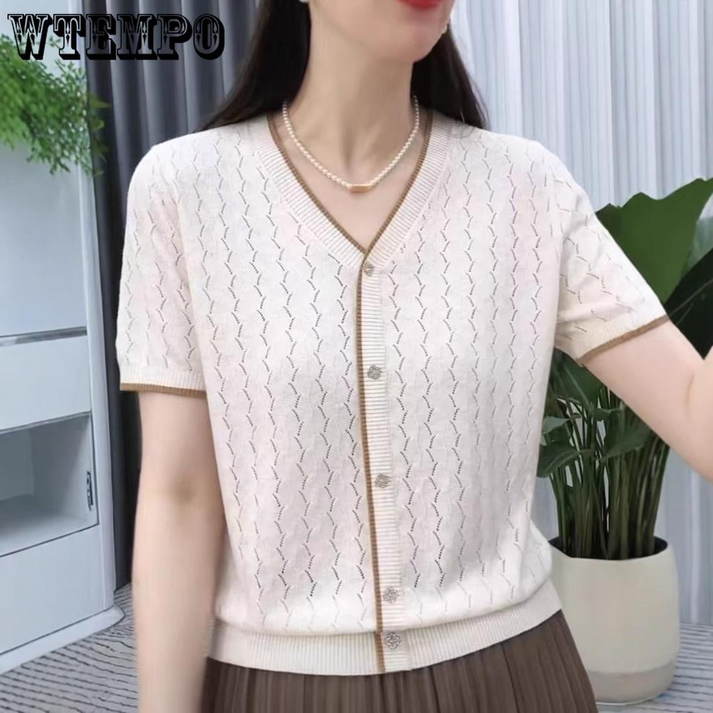 Hollow Knit T-shirt for Women Loose and Versatile Mom's Thin Top Summer T-shirt Pullover