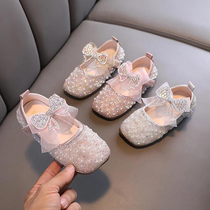 Spring Children's Lace Bow Princess Shoes Girls Bling Square Toe Leather Shoes New Kids Soft-Soled Versatility Stage Shoe I06198