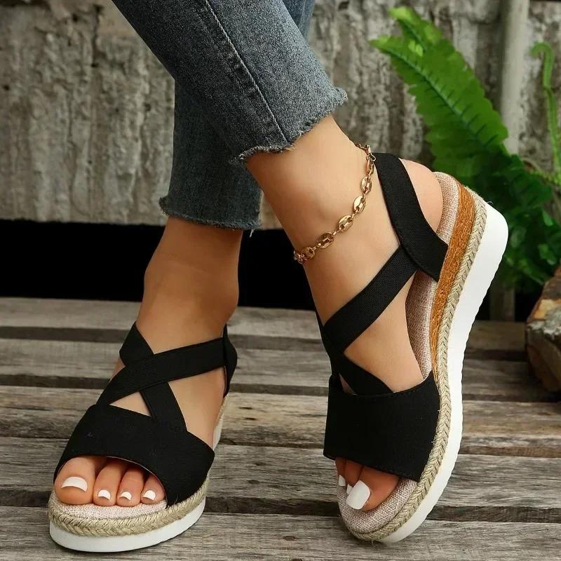 2024 Women's Shoes Elastic Strap Women's Sandals Fashion Outdoor Casual Beach Sandals Women's New Open Toe Wedge Sandals