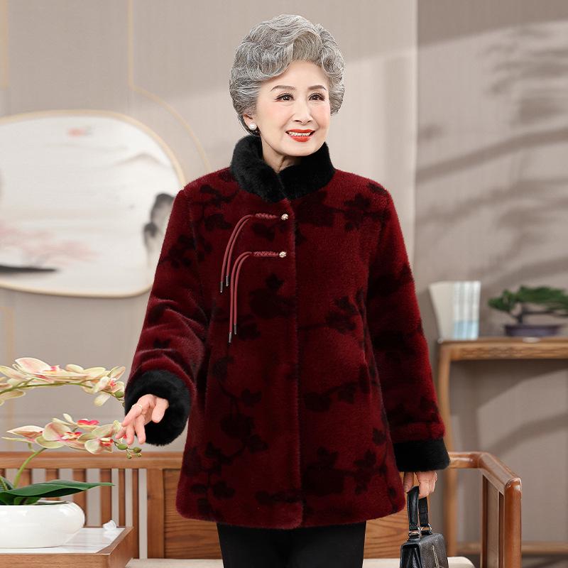 Midlife und Senioren Damen Kunstmink Samtmantel – Elegante Winter Kunstpelzjacke im chinesischen Stil für Großmutter