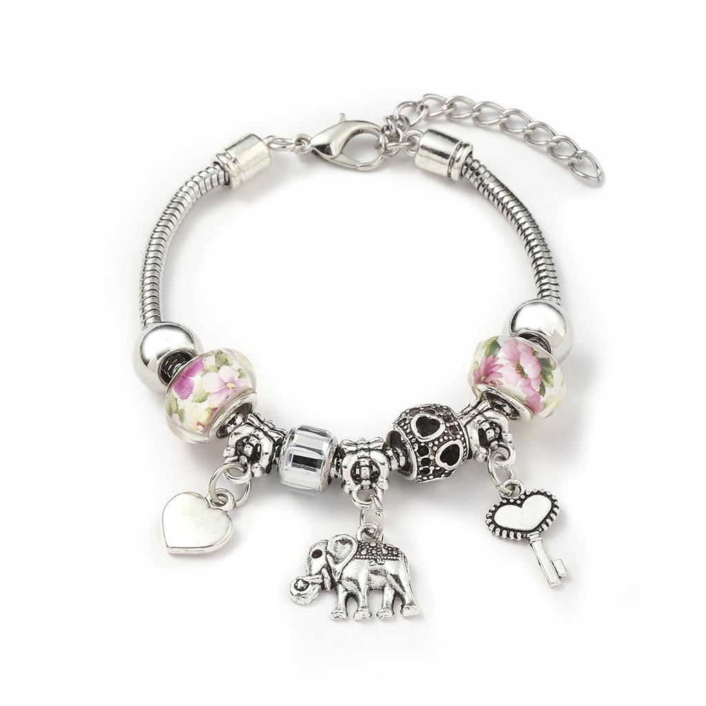 Vintage Handmade Alloy Large Hole Glass Bead Elephant Tree of Life Design Transparent Bracelet Multiple Styles Available
