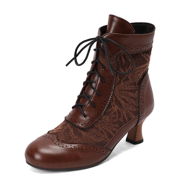 Lace-up Women Ankle Boots Middle Heels Fashion Lace Round Toe Autumn Winter Women Shoes Strange Steampunk Short Booties 34-46