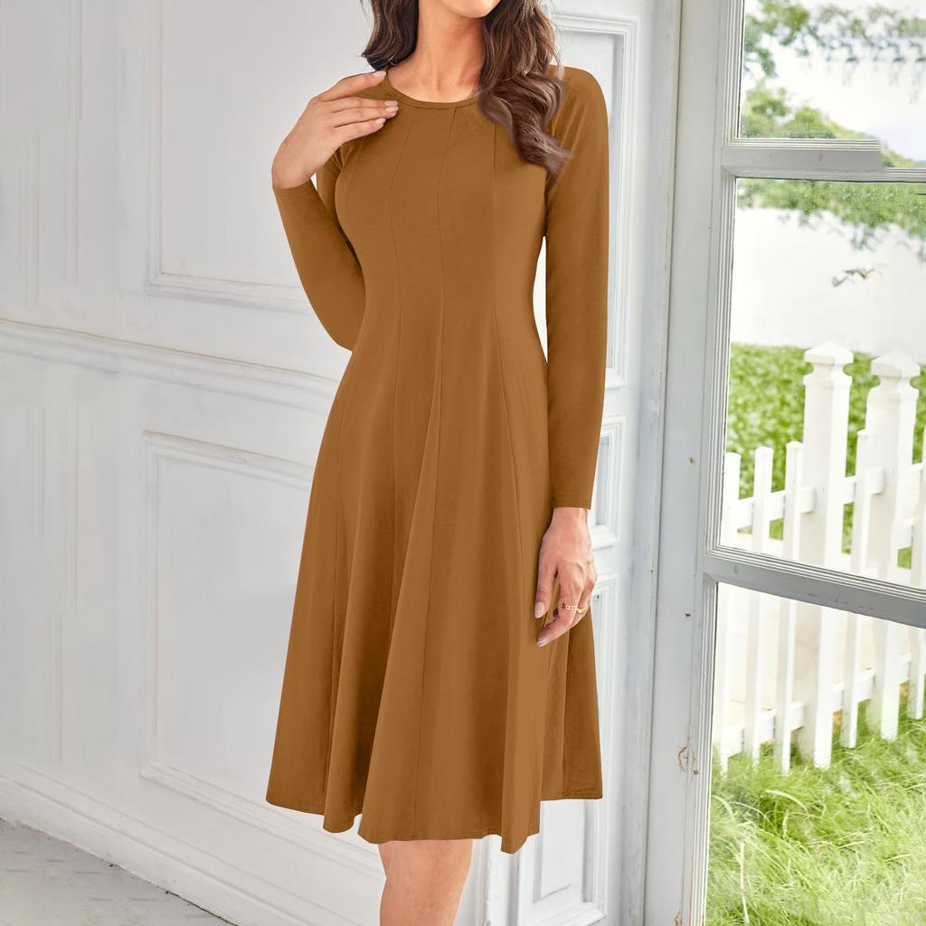 Kadın Günlük Moda Yuvarlak Yaka Uzun Kollu Düz Renk Midi Elbise