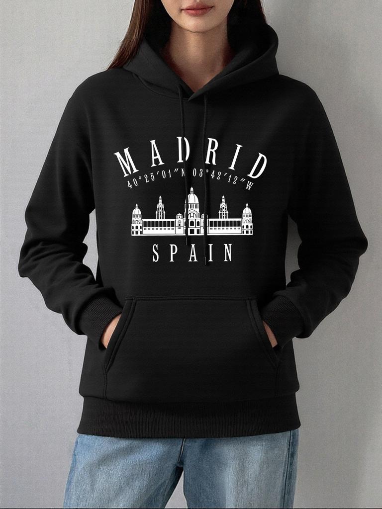 Madrid Spain Printed Hoodies Women Basics Pocket Pullovers Autumn Winter Fleece Warm Sweatshirts Casual Loose Womans Clothes