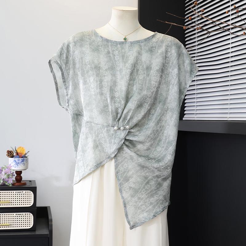 Datang Furen Women s Summer T-Shirt with Pearl Buttons & Irregular Hem 3XL
