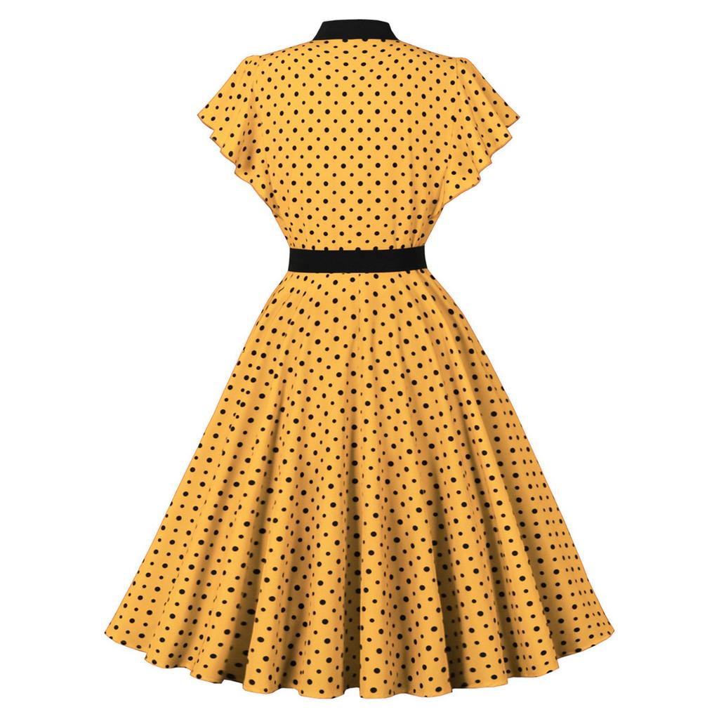 Women's Short Sleeve Round Neck Slim Knee-Length Dress Retro Polka Dot Dress