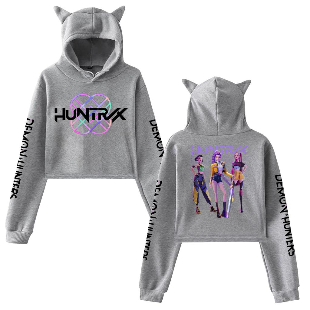 New KPop Demon Hunters Cat Ears Cropped Hoodie Long Sleeve Cartoon Mira Rumi Zoey Printing Sweatshirt Crop Top Women's Hoodies