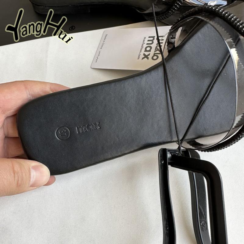 Korean Version Rhinestone Transparent Casual Women Shoes Large Black Square Toe Flat Bottom Women's Sandals 2024 New Fashion