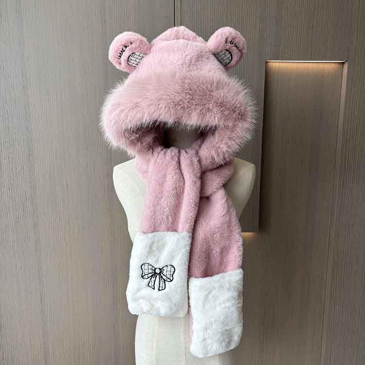 Cute Embroidered Bear Ears Hat Scarf Integrated Women's Winter Plush Thickened Cycling Warm Scarf Ear Protection Hat