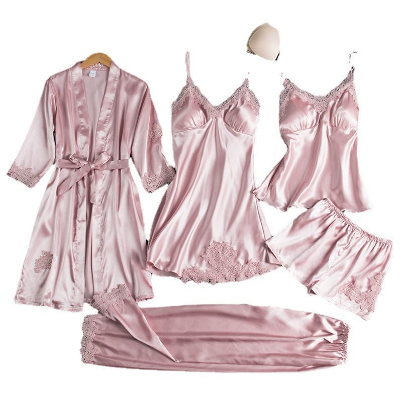 Set Pigiama Sexy da Donna 5 Pezzi Morbido Seta Ghiacciata Manica Lunga Accappatoio Set Accappatoio Taglie Forti Loungewear Pigiami