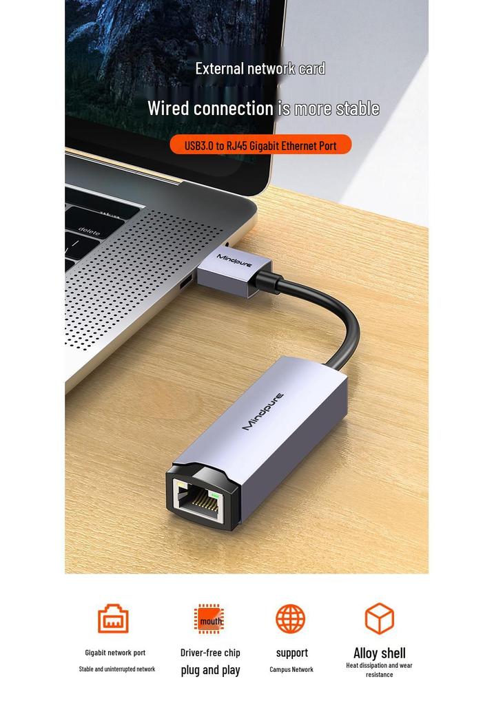 Plug-and-Play USB 3.0 to Gigabit Ethernet Adapter with RJ45 Port